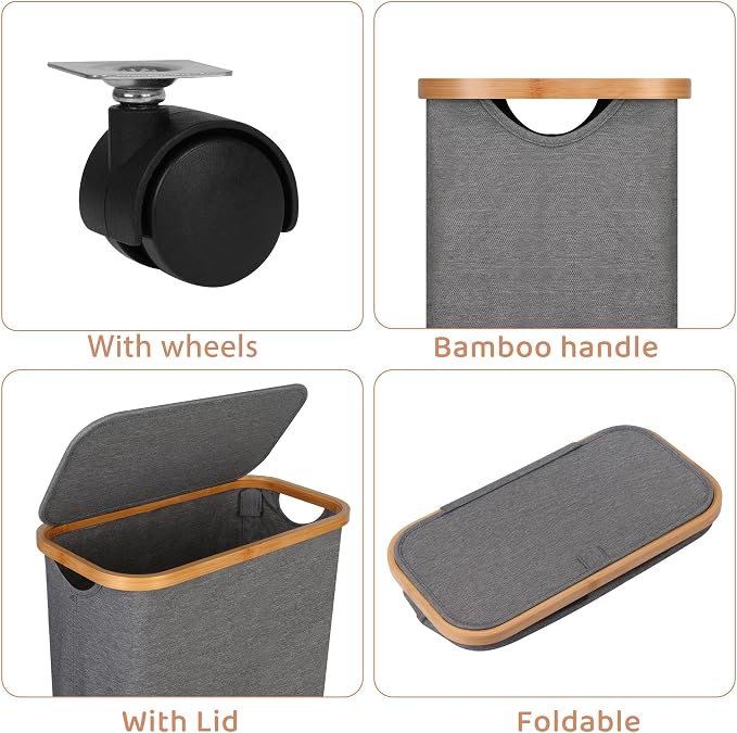 Slim Laundry Basket with Wheels,Narrow Hampers for Laundry, Laundry Hamper with Lid&Bamboo Handles,Dirty Clothes Hamper for for Bathroom Bedroom Dorm, 60L Grey - Image 2