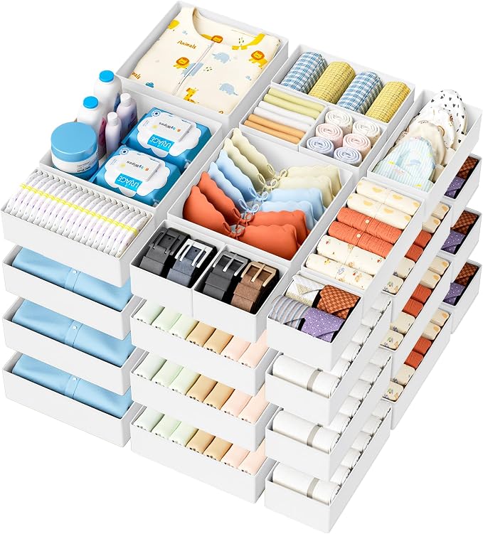 DIMJ Drawer Organizer Clothes 20 Pack - Foldable Baby Organizers and Storage & Dresser Organizer for Bedroom, Closet - Nursery Organization Dresser Dividers for underwear, Sock,Bra, Belt, Tie, White by DiMJ