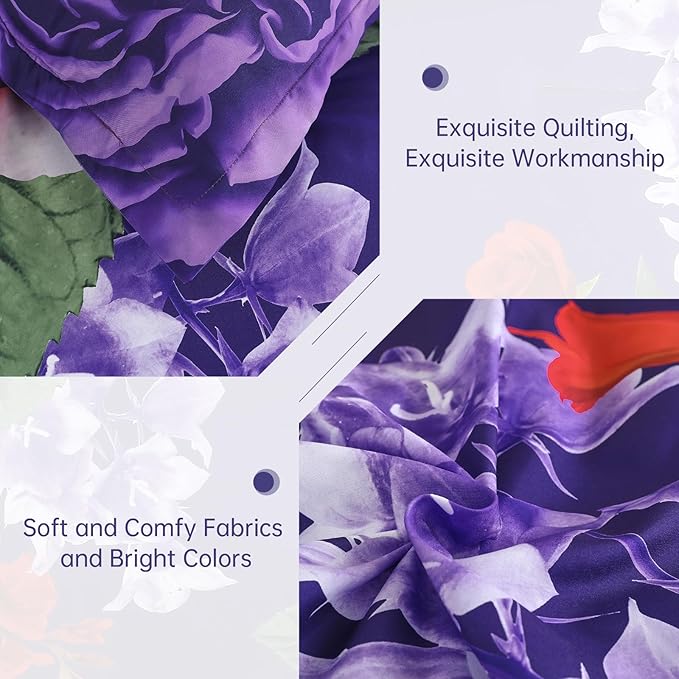 Drucon Dark Purple Floral Comforter King Size 7 Pieces Bedding Sets Bed in a Bag, Botanical Floral Comforter with Sheet Set, Soft Microfiber Bedding Set for All Season(Dark Purple, 104"x90")