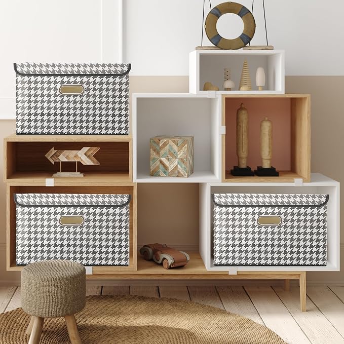 STOREONE Fabric Storage Cube Bins Foldable Organizer Container Collapsible Basket with Lids and Metal Handles, for Home, Bedroom, Closet 3 Pcs (Houndstooth) - Image 4
