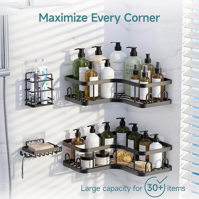 Veken Corner Shower Caddy 4-Pack, Advanced Rustproof Design, No Drilling Adhesive Shelves, Rack with Soap Holder, Large Capacity Bathroom Organizers and Storage, Wall-Mounted Kitchen&Home Decor,Black - Image 2