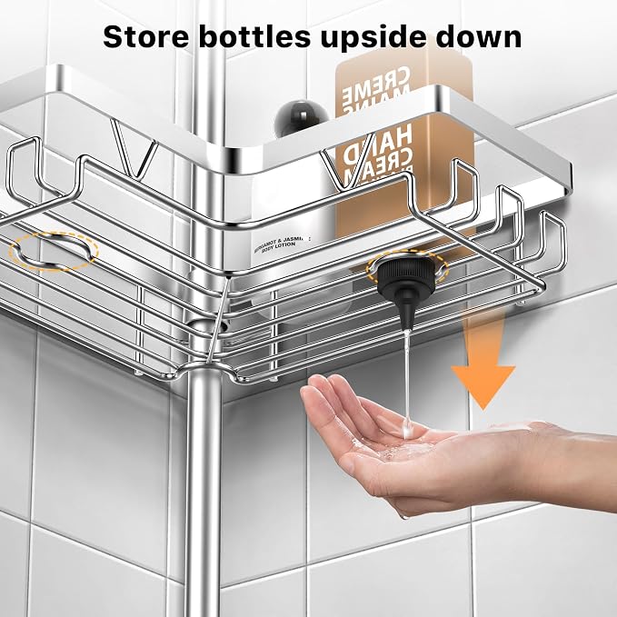 KEGII Shower Caddy Tension Pole with 2 Towel Bars, Adjustable Corner Bathroom Organizer, Rustproof Bathtub Storage Shelves for Shampoo, 25–114.2 Inch Shower Rack for Renters & Family, Silver - Image 5