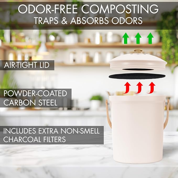 Beautiful Kitchen Compost Bin with Smell Proof Lid - Rust Proof and Odorless Compost Bucket for Your Countertop with No Smell Filters - Easy to Clean 1.1 Gallon Bin Looks Great On Any Kitchen Counter - Image 6