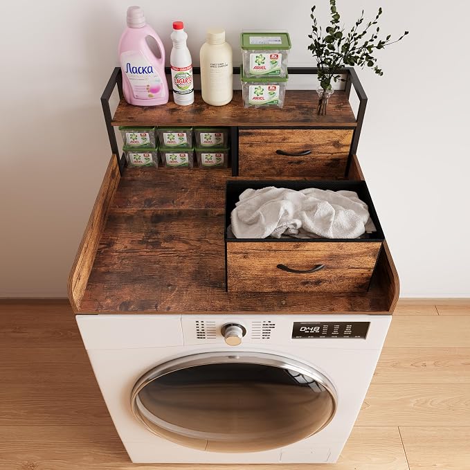Unionly 2-Tier Washer Dryer Countertop single with shelf and fabirc drawer,laundry topper with Edge and Non-Slip Pad for Washer Dryer Laundry Hamper Counter Storage Organization (rustic brown, single) - Image 5