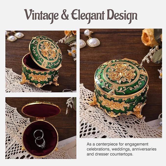 Vintage Jewelry Box, Gold Round Treasure Ring Box, Metal Trinket Organizer Keepsake Box Gift for Girl Women, Green - Image 5