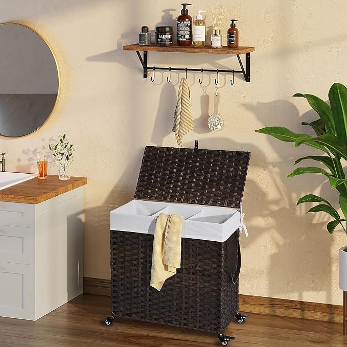 GREENSTELL Laundry Hamper with Wheels&Lid, 130L Large 3 Sections Clothes Hamper with 2 Types Removable Liner Bags, 5 Mesh Laundry Bags, Handwoven Divided Laundry Basket Brown - Image 2