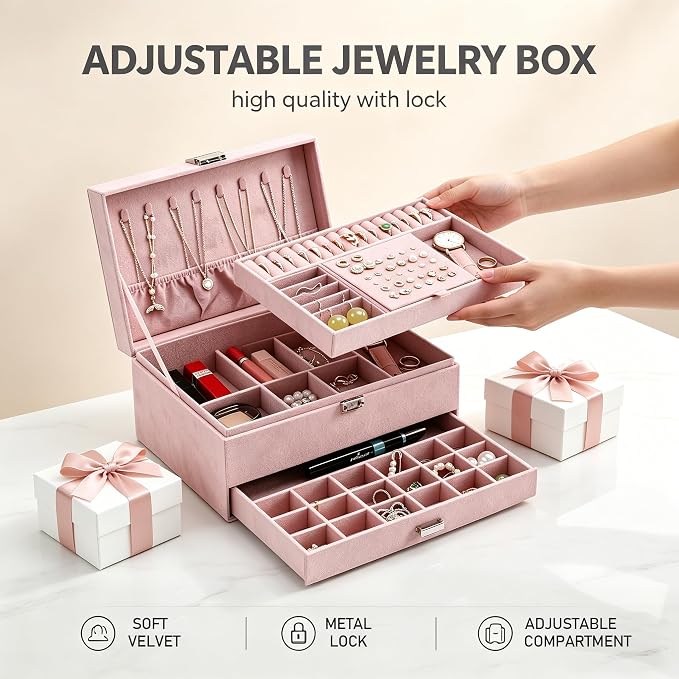 Jewelry Organizer Box for Women Girls, Jewelry Box 3-Tier Jewelry Display Case and Organizer,Lockable Jewelry Display Case Anti Tarnish,Varying Compartments for Necklaces, Bracelets, Rings - Image 4