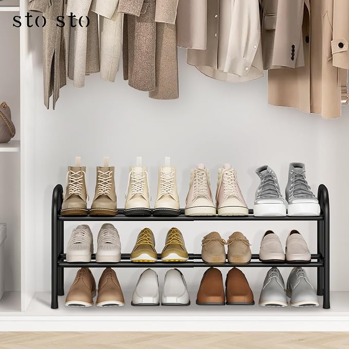 STO STO Expandable Shoe Rack, 2-Tier Metal Small Shoe Rack for Closet, Up to 12 Pairs Adjustable Shoe Rack Storage for Front Door Entrance, Free Standing Shoe Rack Organizer for Entryway, Black - Image 2