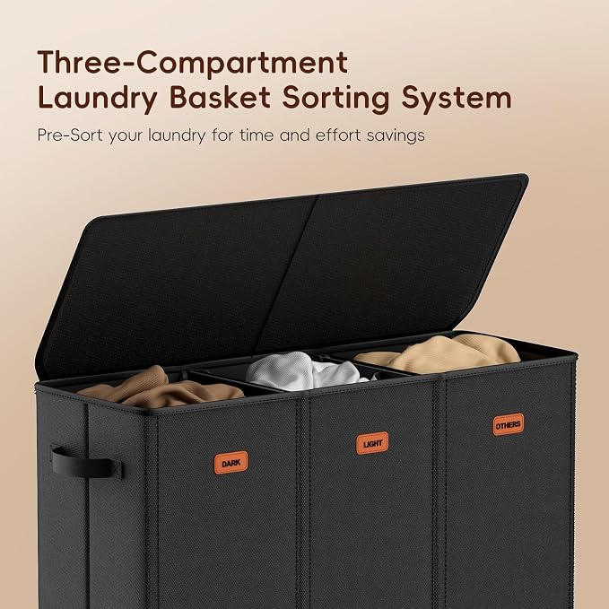 185L Laundry Hamper 3 Section, Laundry Hamper with Lid, Dirty Clothes Hamper with 3 Removable Washing Bags, Extra Large Laundry Basket Organizer for Bedroom, Laundry Room, Dorm - Black - Image 4