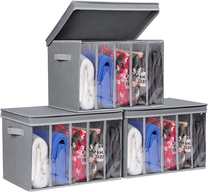 Zilink Upgraded Sweater Storage for Closet with Lids and Support Boards Large Sweater Organizer for Closet with 5 Grids Divider Wardrobe Clothes Organizer for Sweaters, Jeans, Pants, Grey, 3 Pack by Zilink