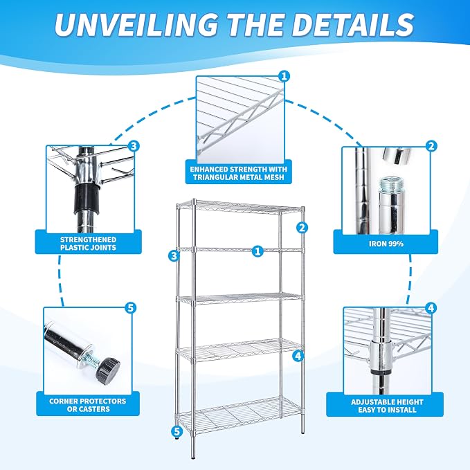 Simple Deluxe 5-Tier Storage Shelves, 35.83" W x 13.98" D x 71.7" H Wire Metal Shelving Unit, 1250 Lbs Loading Capacity, Chrome - Image 4