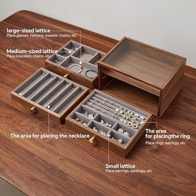 Black Walnut Jewelry Organizers and Storage,3 Layer Wooden Jewelry Boxes for Women,for Necklaces Ring Earring (3 Layer) - Image 3