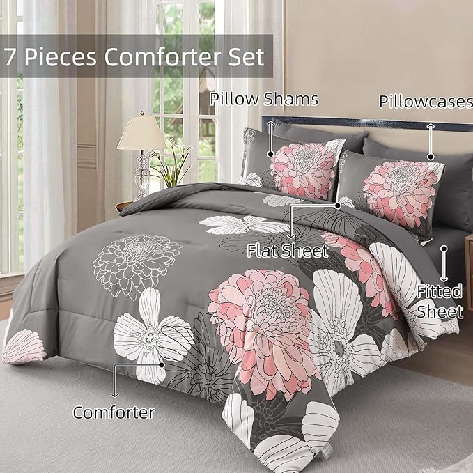 Yiran Grey Pink Comforter Queen Size 7 Pieces Floral Bed in a Bag Comforter Set Soft Microfiber Bedding Sets for All Season with Flat Sheet Fitted Sheets Pillowcases & Pillowshams