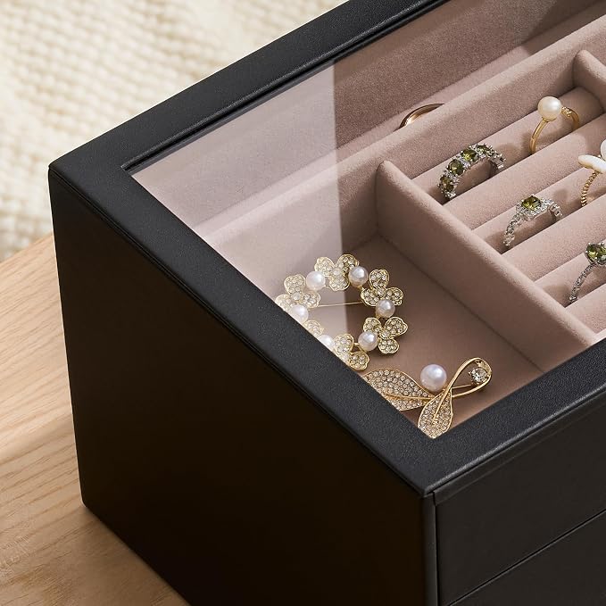 pickpiff Jewelry Box Organizer Case for Women: 3-Layer Jewelry Storage Case with Glass Window, Black Leather with Blush Velvet, Holder for Ring Necklace Bracelet Brooch Watch, Great Gift for Her - Image 9