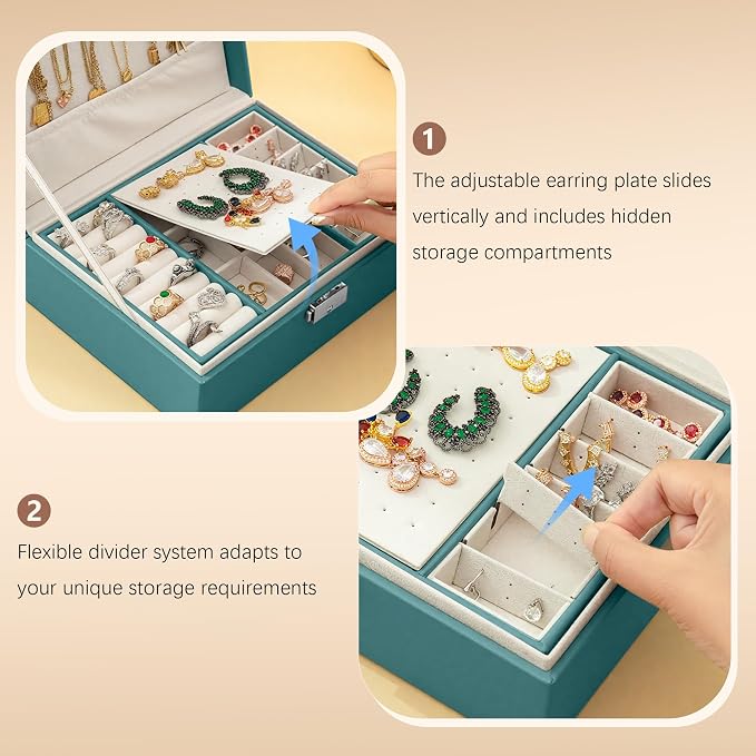 Homeanda Jewelry box 2 layer Jewelry box Leather Jewelry boxes for Women Girls Teens Jewelry organizer box Jewelry Storage box with lock(Green) - Image 6