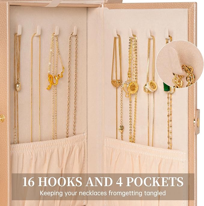 AKOZLIN 6-Tier Jewelry Box Organizer Functional 5 Drawers Leather Jewelry Storage Case for Women Girls Ring Necklace Earring Bracelet Holder Organizer with Mirror Champagne - Image 4