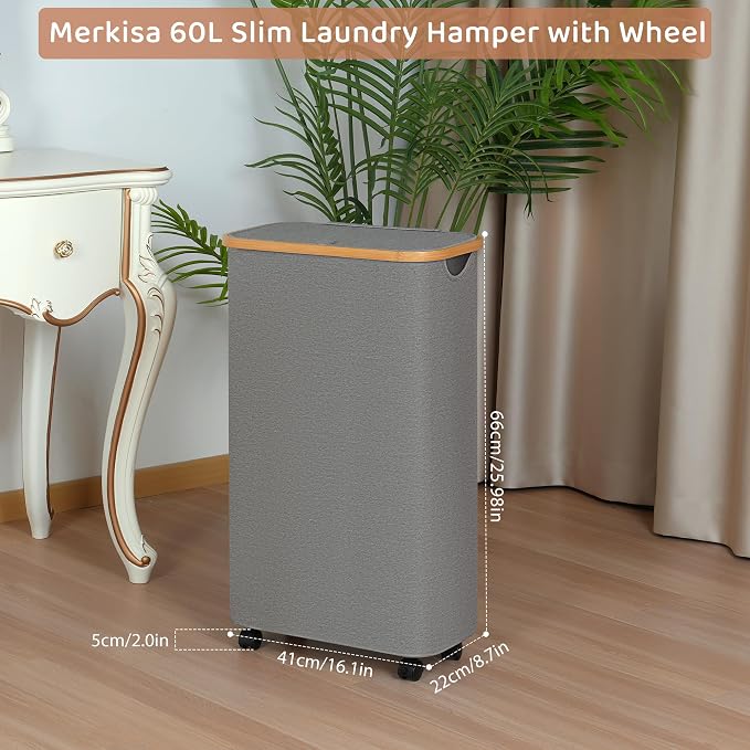 Slim Laundry Basket with Wheels,Narrow Hampers for Laundry, Laundry Hamper with Lid&Bamboo Handles,Dirty Clothes Hamper for for Bathroom Bedroom Dorm, 60L Grey - Image 3
