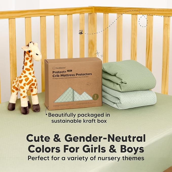 2-Pack Waterproof Crib Mattress Protector Cover Fitted - Quiet Baby Crib Mattress Pad Sheets, 52" x 28" Soft Quilted Cotton Baby Sheet, Machine Washable, Easy Fit, Durable (Soft Fern/Quin)
