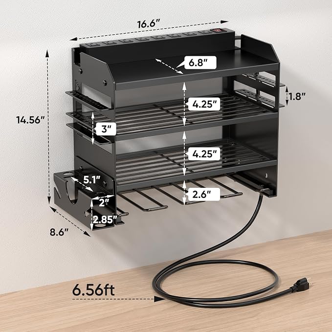POKIPO Power Tool Organizer Wall Mount with Charging Station,Tool Storage Rack with 8 Outlet Power Strip,Heavy Duty Metal Battery Utility Rack with 4 Cordless Drill Holder 6.56 Ft Cord for Garage - Image 5