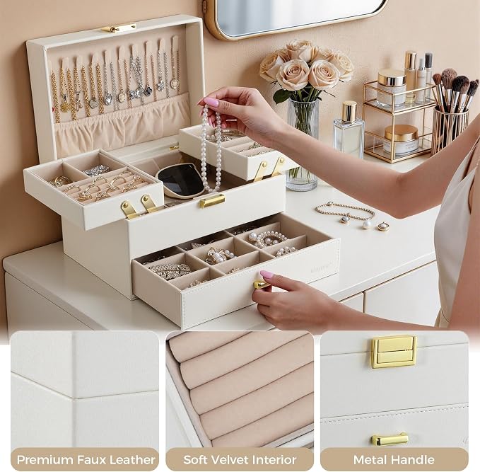 Dajasan Jewelry Organizer Box, Large Jewelry Boxes for Women Girls, Space-Saving 3 Layers Jewelry Storage Case with Drawer, Movable Metal Stand, Modern, Gift Idea (Cloud White + Gold) - Image 5
