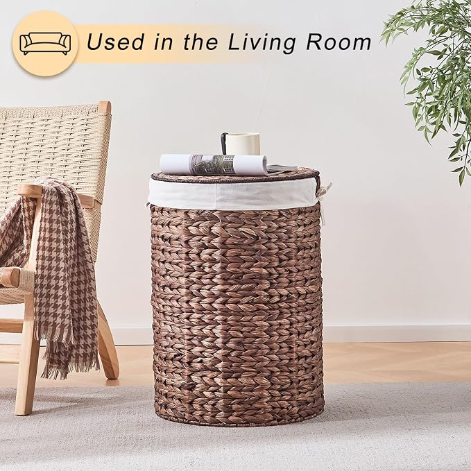 Round Water Hyacinth Laundry Hamper with Lid Handwoven Wicker Basket with Handles for Dirty Clothes, Storage, and Organization Ideal for Bedroom, Bathroom, and Laundry Room, No Assembly Required, 2Pcs - Image 6