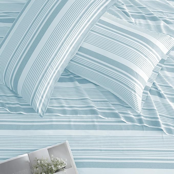 ClevaHome Classic Stripe Sheet Set - 4 Pieces Super Soft & Breathable Bed Sheet Set with Deep Pocket, Enhanced Comfort & Easy Care (Queen, Glacier Stripe)