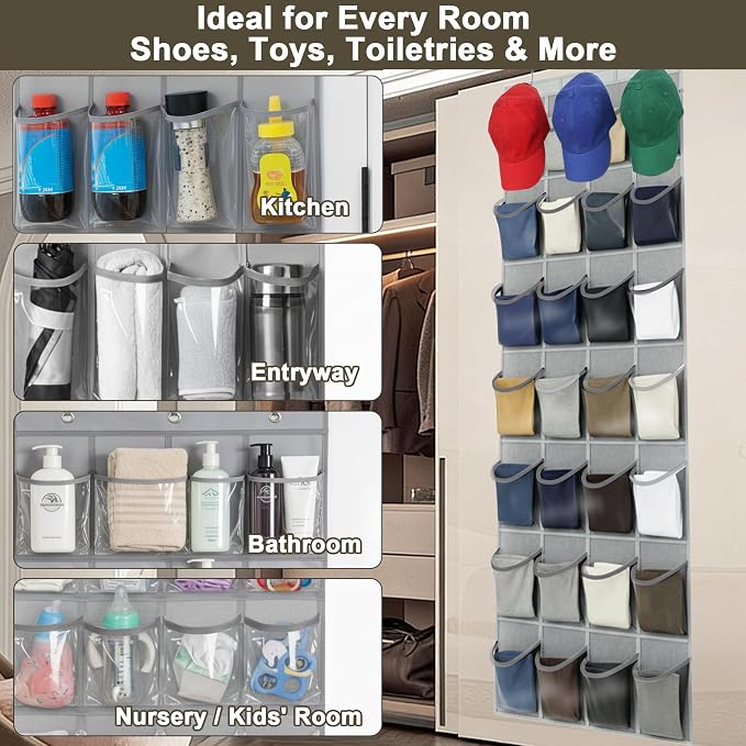 Over The Door Shoe Organizer - Space Saving Shoe Rack for Closet Door with 24 Crystal Clear Pockets and Metal Hooks, Shoe Holder Back of Door Organizers for Shoes, Gray Hanging Shoe Organizer (Gray) - Image 3