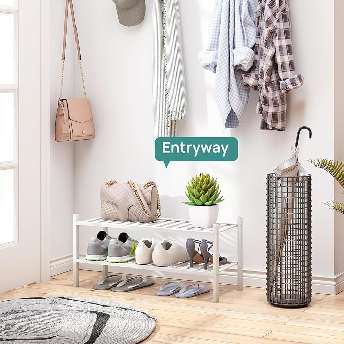 viewcare White Shoe Rack for Entryway, 2 Tier Shoe Organizer for Hallway Closet, Bamboo Wood Shoe Racks for Indoor Outdoor (White, 2-Tier) - Image 2
