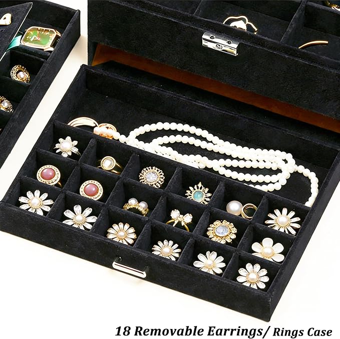 QBestry Jewelry Box for Women with Drawer, 3-Layer Large Jewelry Organizer with Lock & Key, 8 Necklace Hooks & 56 Earring Holes, Black Velvet Jewelry Storage Box for Necklaces Earrings Rings Bracelets - Image 6