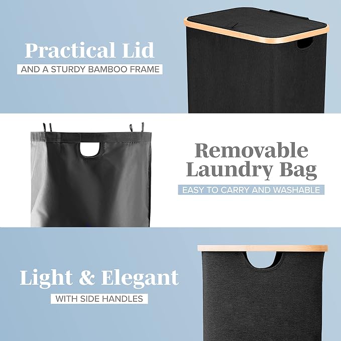 LONBET Laundry Basket with Lid, Made from Breathable Fabric | Aesthetic Clothes Hampers for Laundry with Side Handles & Sturdy Bamboo Frame (26 Gallons - Single, Black) - Image 2