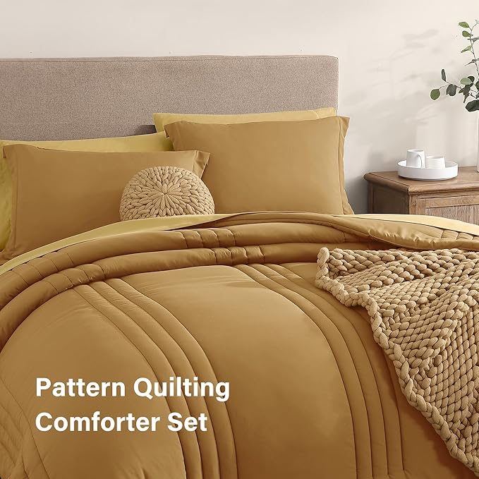Monbix King Size Comforter Set - 7 Pieces Bed in a Bag King, Desert Yellow Bedding Sets with Comforter, All Seasons Comforter Bed Set with Sheets, Pillowcases & Shams