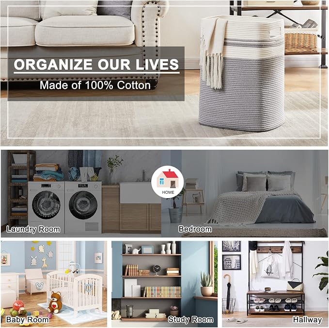OIAHOMY Laundry Hamper, Tall Cotton Decorative Blanket Storage Basket with Handles for Living room,Collapsible Large Baskets for Toys,Pillows,Clothes Organizer-16x13x22in-Gray - Image 8