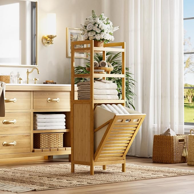 HITNET Tilt Out Laundry Hamper, Bamboo Laundry Basket with Foldable Bag and 3 Open Shelves, Freestanding Clothes Storage Organizer for Bedroom, Bathroom, Living Room, Natural - Image 2