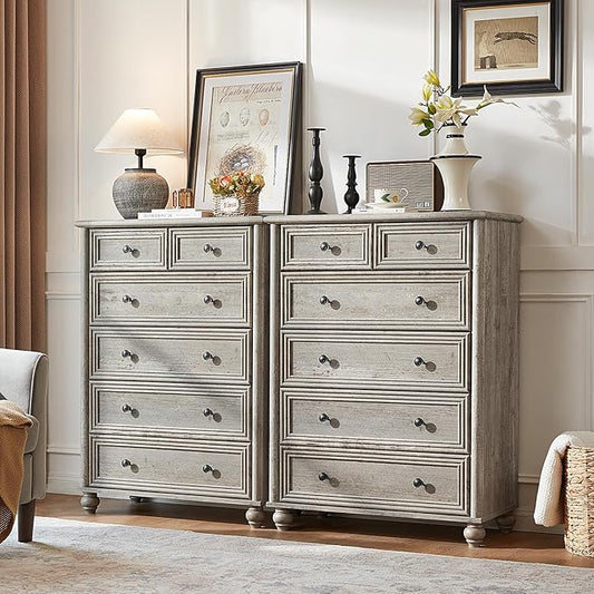RWYHG Farmhouse 6 Drawer Dresser Set of 2, Grey Chest of Drawers, 43.5" Tall Dressers for Bedroom with Roman Column and Metal Handles, Rustic Wood Storage Organizer for Living Room, Hallway, Closet