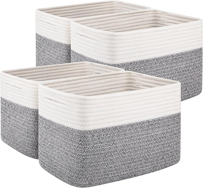 OIAHOMY 4 Pack Storage Baskets for Organizing, Basket for Shelves with Handle, Woven Baskets for Storage Toys, Towels, Books, Cotton Rope Basket 13" L x 9 " W x 7.8 " H, Grey & White by MasterofSpaceOptimization