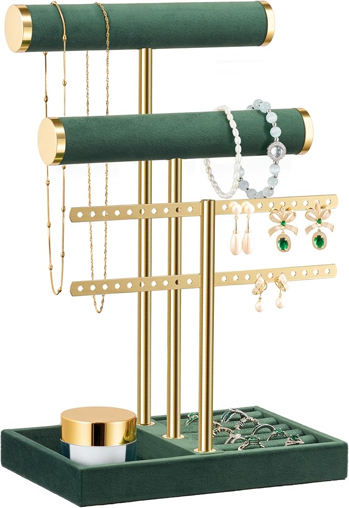 bussdis 3 Tier Bracelet Holder Display - Detachable T Bar Dark Green Velvet Bracelet Holder, Jewelry Holder Organizer for Bracelet, Necklace, Earrings, Rings by BUSSDIS