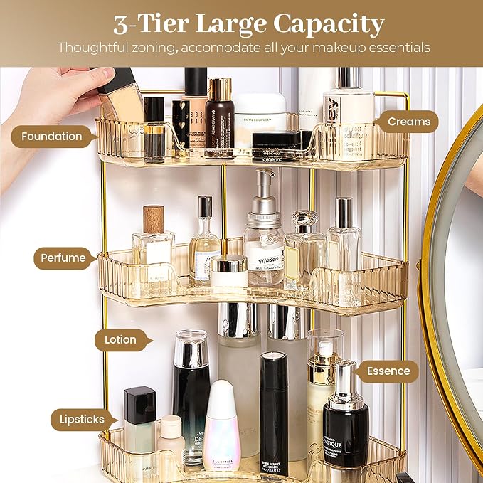 Aveniee Corner Bathroom Counter Organizer, Bathroom Countertop Shelf Makeup Organizer for Vanity Perfume Tray for Corner Storage (3 Tiers, Gold) - Image 2