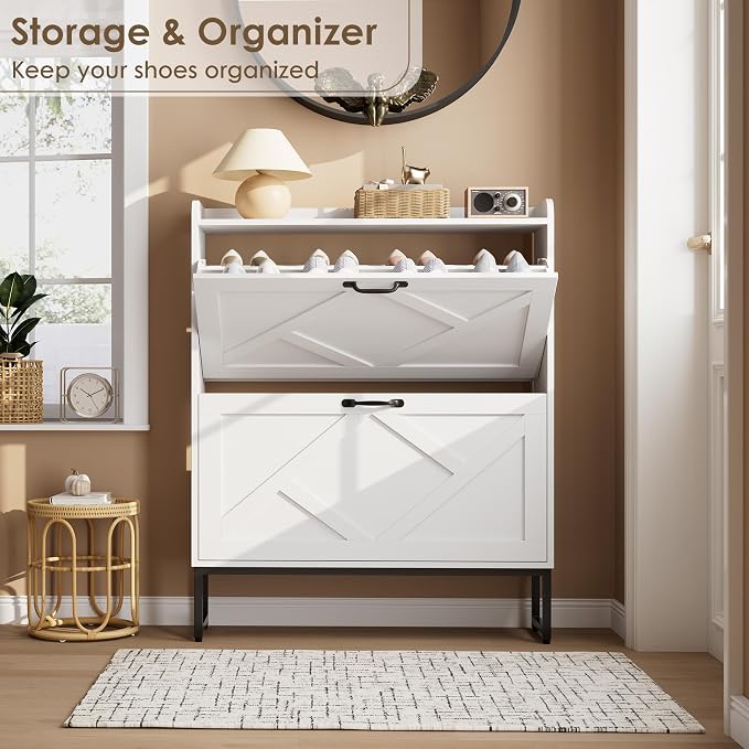 Nicetree Shoe Storage Cabinet with 2 Flip Drawers, Freestanding Shoe Organizer, Shoe Cabinet with Metal Legs, Narrow Shoe Rack Cabinet, Farmhouse Slim Shoe Cabinet for Entryway, Foyer, Hallway, White - Image 3