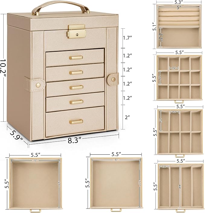 AKOZLIN 6-Tier Jewelry Box Lockable Leather Jewelry Storage Case with 5 Drawers for Women Girls Ring Necklace Earring Bracelet Holder Organizer with Mirror - Image 2