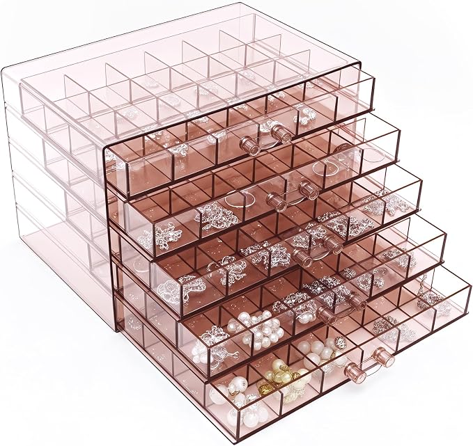 Clear Pink Acrylic Jewelry Storage Box, Earring Jewelry Organizer with 5 Drawers, 5-Layer Jewelry Box for Women, Earring Display Holder for Earrings Ring Bracelet Necklace, 120 Grid Storage Box by Euedue
