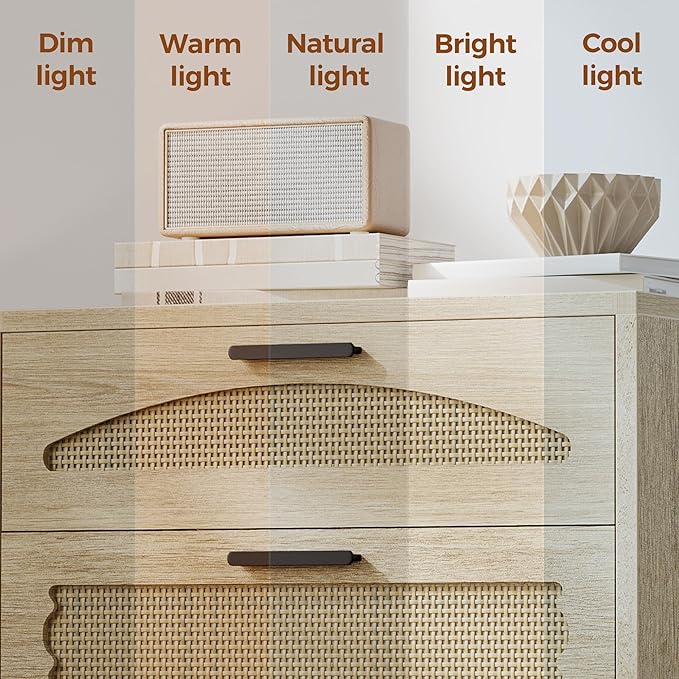 Mericonia 3 Drawer Rattan Dresser for Bedroom, Wood Dresser for Closet with Metal Handles, Small Boho Nightstand Sets, Dressers & Chests of Drawers for Bedroom, Hallway and Entryway, Oak