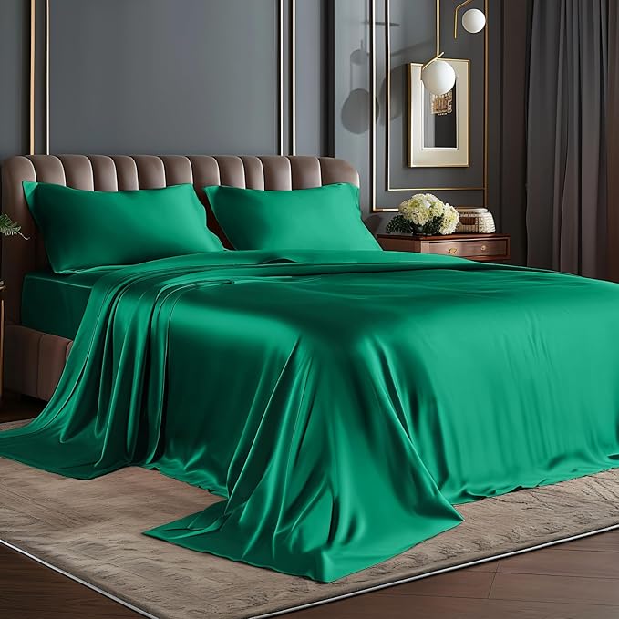 BEDELITE Satin Sheets Twin XL Size Bed Set, Luxury Soft Dark Green Sheets for Hair and Skin, Similar to Silk Bed Sheets Set 3 Pieces with 1 Deep Pocket Fitted Sheet, 1 Flat Sheet, and 1 Pillowcase