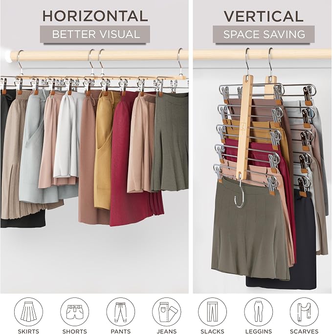 MORALVE Skirt Hangers Space Saving with Clips - 2 Pack - European Beechwood 5-Tier Hanger for Shorts, Skirts, and Pants - Closet Organizer and Storage Solution for Women with 360° Swivel Hook - Image 4