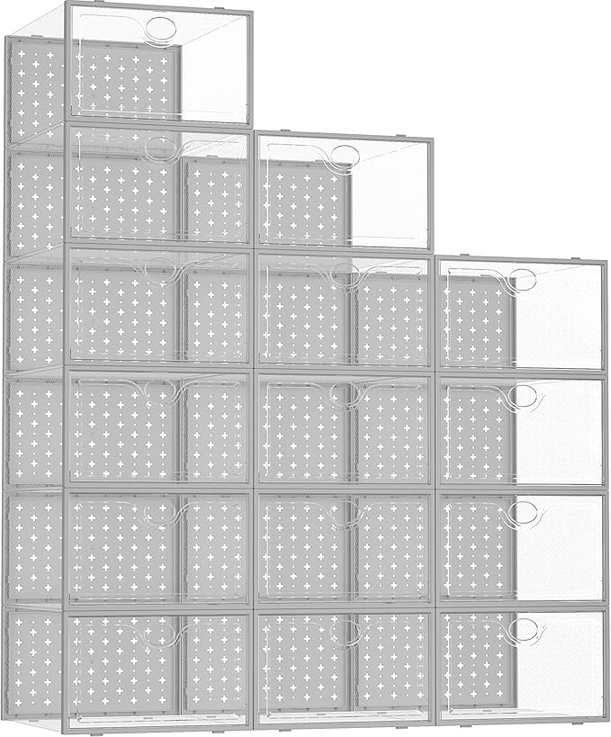 Pinkpum 15 Pack X-Large Shoe Storage Boxes Fit Size 11, Shoe Organizer for Closet Clear Plastic Stackable Shoe Dispaly Case Bins Holder, Sneaker Storage for Sneakerheads Gray by Pinkpum