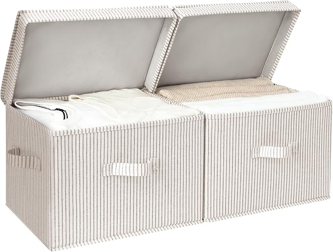 StorageWorks Fabric Storage Bins with Lid, Decorative Storage Boxes for Shelves, Stackable Closet Organizer Basket with Handles, Large, Khaki and Beige Stripes, 2-Pack by StorageWorks