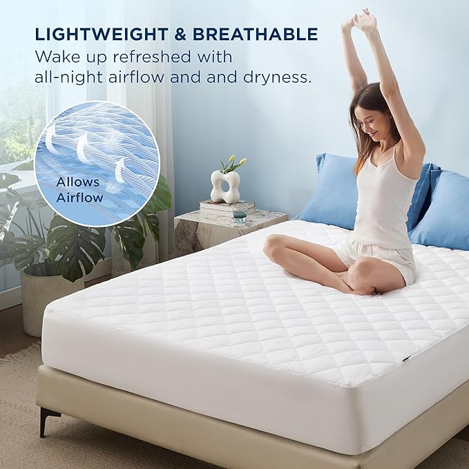 Bedsure Short Queen Mattress Protector, Quilted Waterproof Mattress Pad with Deep Pocket up to 22 Inches, Soft Breathable Noiseless Mattress Topper, Bed Cover for Home Bedroom Hotel – White