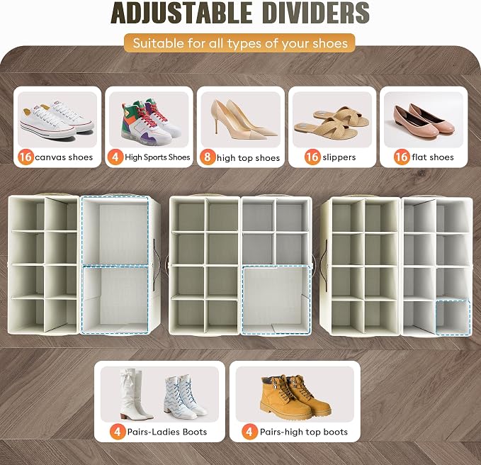 Budding Joy 2 Pack Shoe Organizer for Closet, Clear Foldable Shoe Storage Containers Adjustable Dividers Fits 16 Pairs,Shoe Storage Bins Baskets Boxes with Reinforced Handles Beige Yellow Beige - Image 2