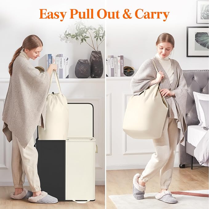 Lifewit Double Laundry Hamper with Lid and Removable Laundry Bags, Large Collapsible 2 Dividers Dirty Clothes Basket with Handles for Bedroom Laundry Room Closet Bathroom College, 136L White&Black - Image 4
