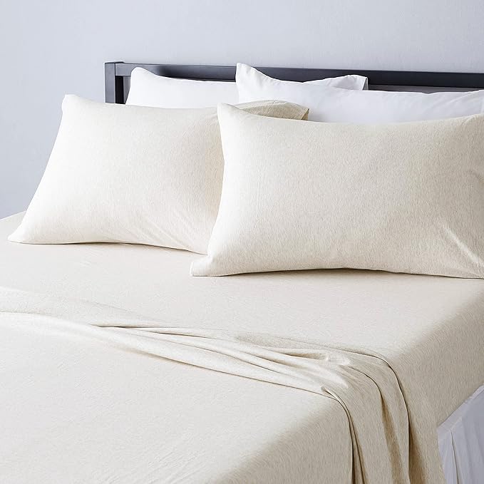 Amazon Basics 4-Piece Soft, Breathable 100% Cotton Jersey Knit Bed Sheet Set with Deep Pockets, Includes Flat and Fitted Sheets, Pillowcase, Queen, Oatmeal, Solid