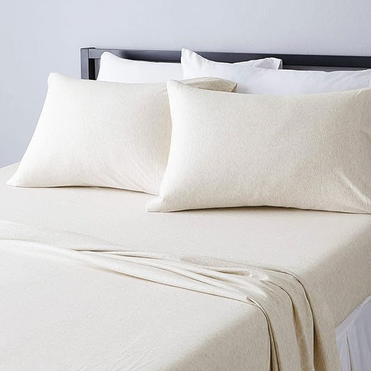 Amazon Basics 4 Piece Bed Sheets Set, 100% Cotton Jersey, Includes Super Soft, Flat and Fitted Sheets, Pillowcase, King, Oatmeal, Solid